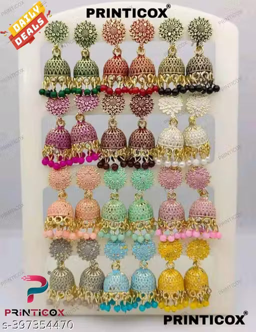 Earrings Jhumkhi New Fancy Oxidize Small Jhumkhi Earrings For Women& Girls (Combo Of 12 Color) In Color Green, Red, Black, Pink, Maroon, White, Peach, Pista, Baby Pink, Grey, Aqua, Yellow