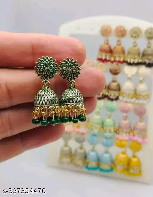 Earrings Jhumkhi New Fancy Oxidize Small Jhumkhi Earrings For Women& Girls (Combo Of 12 Color) In Color Green, Red, Black, Pink, Maroon, White, Peach, Pista, Baby Pink, Grey, Aqua, Yellow