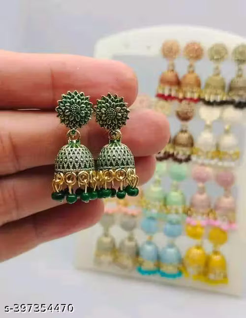 Earrings Jhumkhi New Fancy Oxidize Small Jhumkhi Earrings For Women& Girls (Combo Of 12 Color) In Color Green, Red, Black, Pink, Maroon, White, Peach, Pista, Baby Pink, Grey, Aqua, Yellow