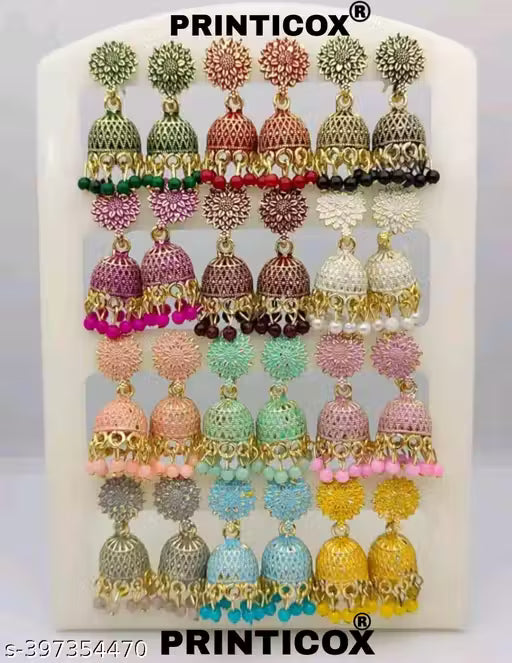 Earrings Jhumkhi New Fancy Oxidize Small Jhumkhi Earrings For Women& Girls (Combo Of 12 Color) In Color Green, Red, Black, Pink, Maroon, White, Peach, Pista, Baby Pink, Grey, Aqua, Yellow